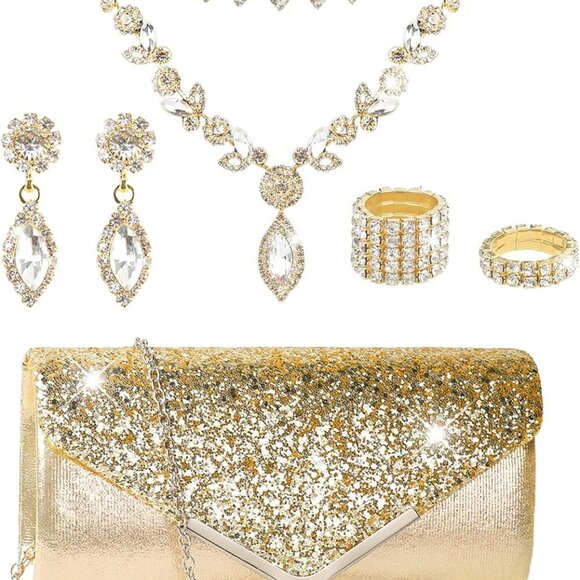 7Pcs Rhinestone Jewelry Set for Women Prom Evening Party Formal Gift